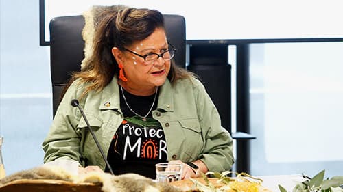 Aunty Jill Gallagher in traditional face paint presenting at a Yoorrook public hearing