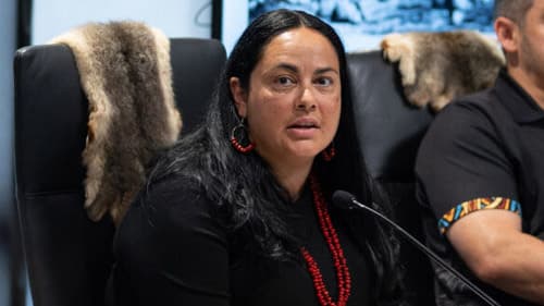Ngarra Murray, Co-Chair, First Peoples' Assembly of Victoria int he Yoorrook hearing room discussing land, sky and waters