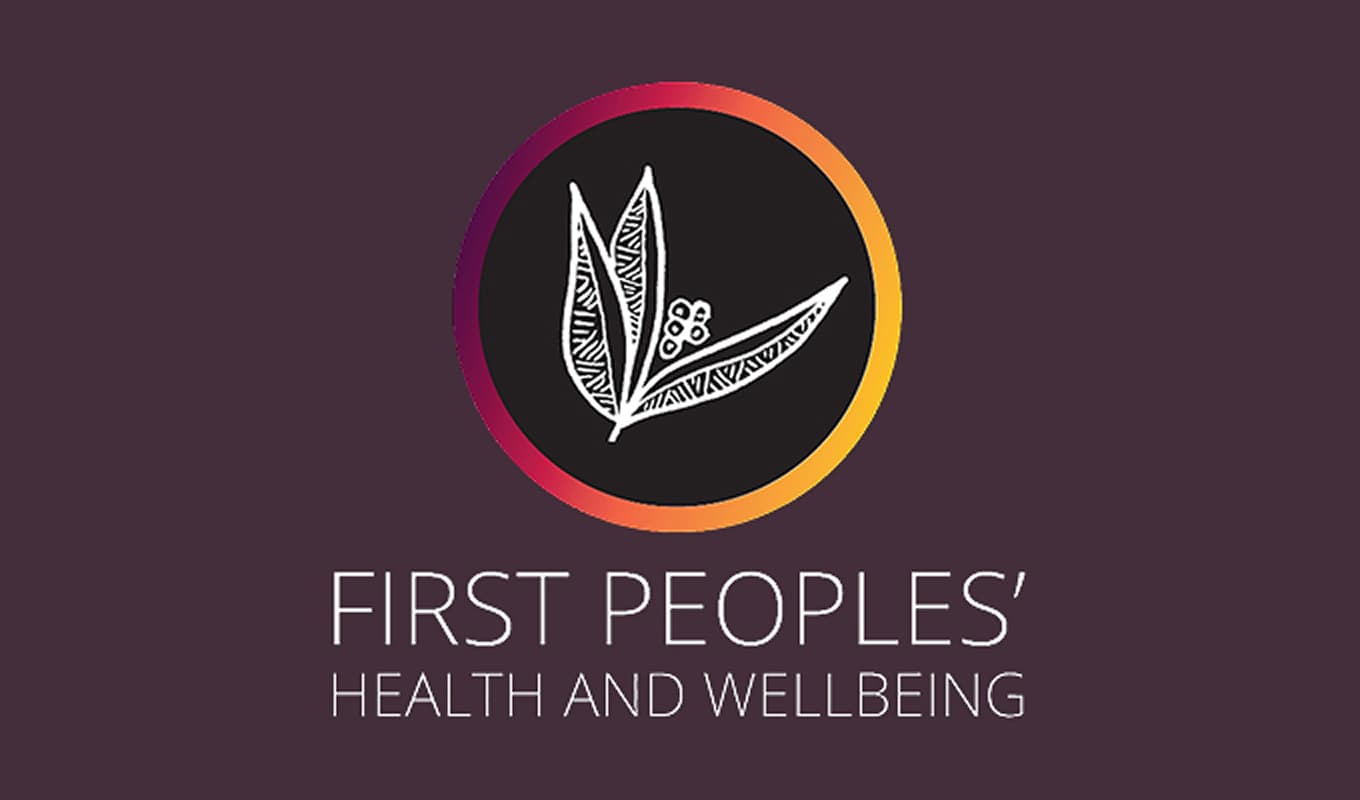 First Peoples' Health and Wellbeing logo. Featuring gum leaves centred in a yellow and purple circle.