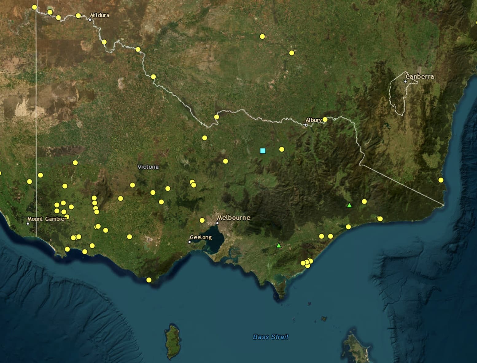 Victorian colonial massacre map. Showing a map of Victoria and the location of 50 recorded massacres that took place across all corners of Victoria.