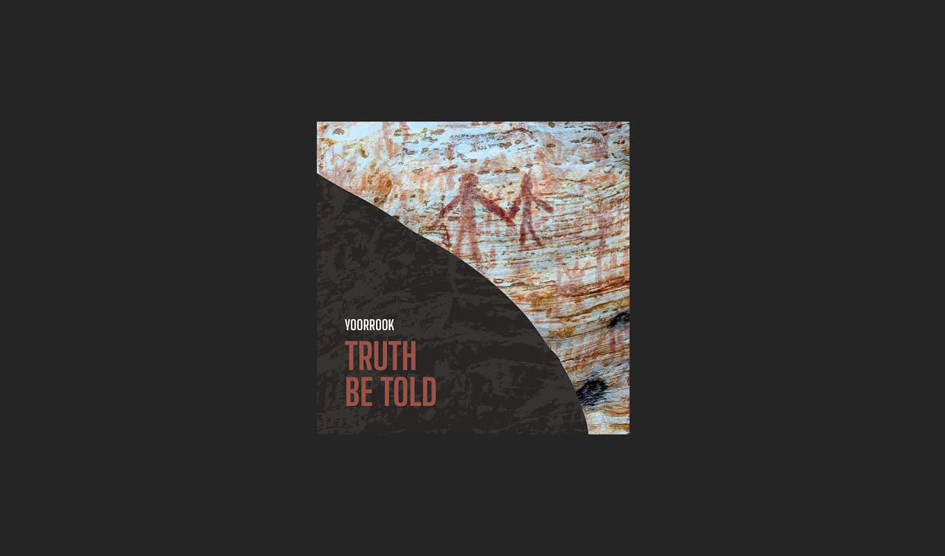 Front cover of the Yoorrook Truth Be Told Report, featuring red ochre rock art of two people holding hands