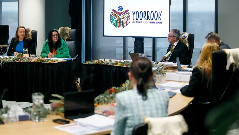 Two witnesses are questioned by the Yoorrrook questions at a Yoorrook public hearing.