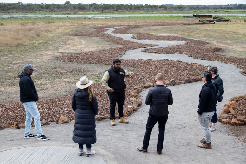 Braydon Saunders, a Gunditjmara tour guide, gives Commissioners a tour of Lake Condah