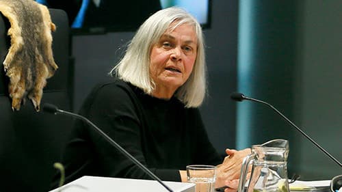 Jenny Samms, Co-Chair: Blueprint for an Aboriginal Specific Homelessness System Steering Committee, leans forward on her chair towards a microphone while clasping her hands together at a Yoorrook public hearing.