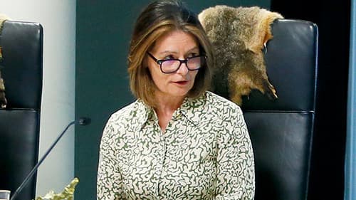 Dr Melanie Heenan the Deputy Secretary, Family Safety Victoria, seated in front of a dark leather chair with a possum fur draped over the back, and she is looking to her left with a serious expression at a Yoorrook public hearing.