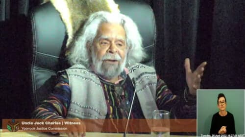 Respected Elder Uncle Jack Charles speaks at the first Yoorrook Elders Hearing.