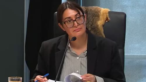 Dannii de Kretser from Homes Victoria, seated and holding a stack of papers open in front of her while speaking into a microphone.