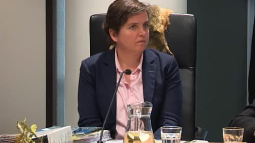 Peta McCammon, Secretary, Department of Families, Fairness and Housing, wearing a blue suit and pink shirt, seated and talking into a microphone at a Yoorrook public hearing.